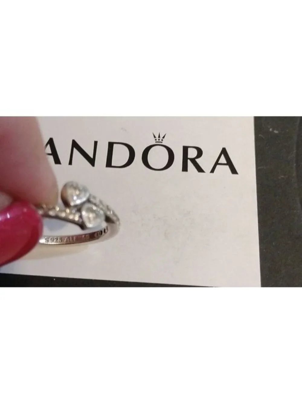 Pandora Two Sparkling Hearts Sterling Silver Ring 191023cz, size 50
